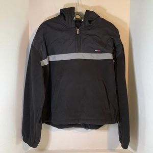 NWT: Womens “Tommy Hilfiger” Black Sports 1/4 Zip Hooded Fleece Pullover- Size L